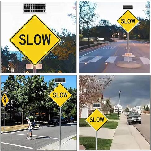 لافتات مرور وامضة بطيئة تعمل بالطاقة الشمسية مقاس 24 بوصة - لافتات طريق مرورية مضيئة بإضاءة LED، تحذير من سرعة الطريق من الألومنيوم مع وظيفة الوميض التلقائي في الليل (A، 61 سم / 24 بوصة) in Kuwait