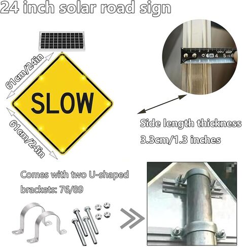 لافتات مرور وامضة بطيئة تعمل بالطاقة الشمسية مقاس 24 بوصة - لافتات طريق مرورية مضيئة بإضاءة LED، تحذير من سرعة الطريق من الألومنيوم مع وظيفة الوميض التلقائي في الليل (A، 61 سم / 24 بوصة) in Kuwait