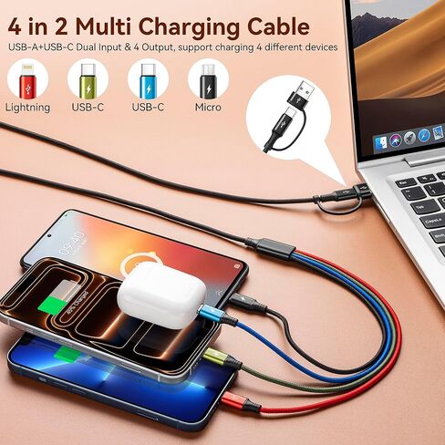 كابل شحن متعدد MINLU USB-C 4 في 2 لجميع الأجهزة المزودة بمنافذ USBC/Lightning/Micro، سلك شاحن iPhone من النوع C، شاحن سيارة للسفر لسلسلة iPhone، Android، iPad، Kindle، PS - 2Pack/6Ft in Saudi Arabia