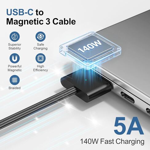 140W USB-C to Magnetic 3 Cable 6.6FT, Compatible with MagSafe 3 for MacBook Pro 14" 16" & Air 13" 15" M4 M3 M2 2021-2025 Fast Charging Cord White in Saudi Arabia