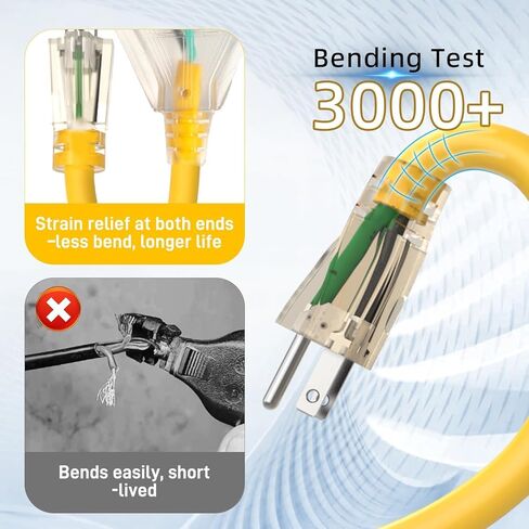 3FT 12 Gauge Heavy Duty Outdoor Extension Cord Waterproof with 3 Outlets & Lighted End, STW 15A 1875W 3-Prong Yellow Flexible Power Cord for Indoor Outside Decorations Garage, Garden, ETL in Saudi Arabia