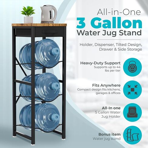 5 Gallon Water Jug Holder Stand 3-Tier Water Bottle Storage Rack & Dispenser Organizer with Stainless Steel Frame, BPA-Free Fast-Flow Spout, Heavy-Duty Wood Top Shelf for Home Kitchen & Office in Saudi Arabia