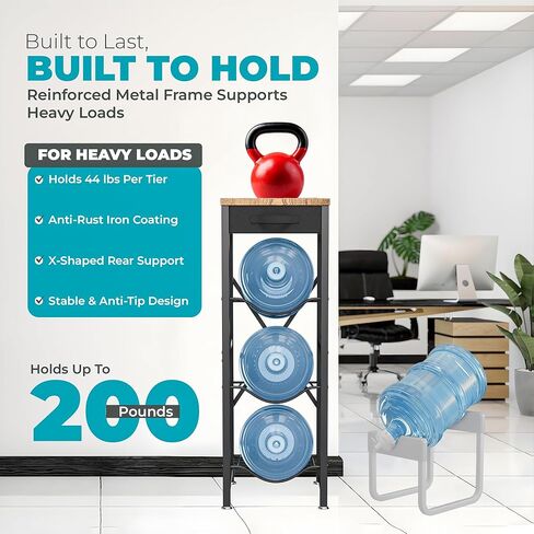 5 Gallon Water Jug Holder Stand 3-Tier Water Bottle Storage Rack & Dispenser Organizer with Stainless Steel Frame, BPA-Free Fast-Flow Spout, Heavy-Duty Wood Top Shelf for Home Kitchen & Office in Saudi Arabia