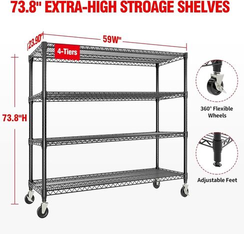 4-Tier Metal Storage Shelving Unit, 2640 Lbs Load Capacity Heavy-Duty Shelf Organizer, Adjustable Wire Rack Shelves for Garage, Pantry & Kitchen, 73.8" h x 59" w x 23.9" d in Saudi Arabia
