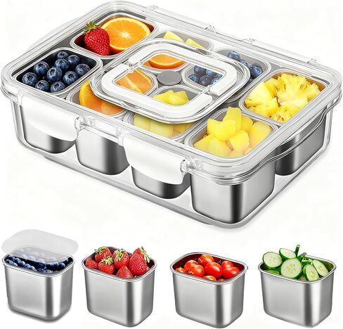 Snackle Box Container, Stainless Steel Divided Serving Tray with Lid and Handle, Large Snack Tray for Fruit Veggie Candy, 8-Compartment Snack Platter for Travel Party Beach Picnic in Saudi Arabia