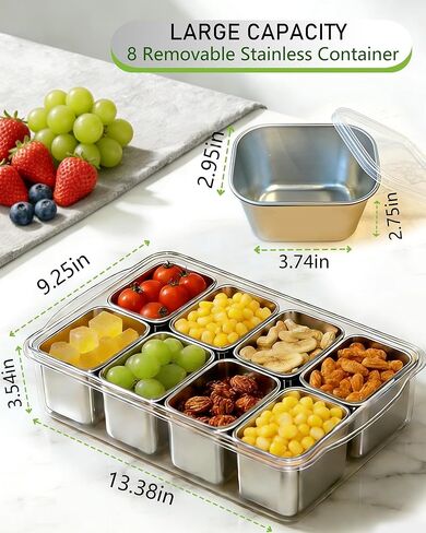 Snackle Box Container, Stainless Steel Divided Serving Tray with Lid and Handle, Large Snack Tray for Fruit Veggie Candy, 8-Compartment Snack Platter for Travel Party Beach Picnic in Saudi Arabia