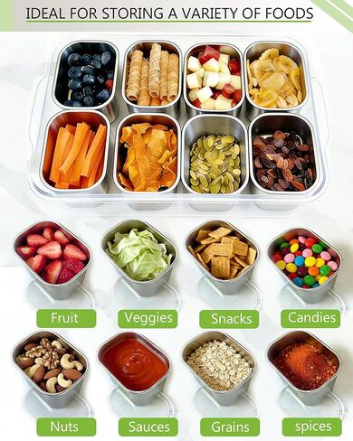 Snackle Box Container, Stainless Steel Divided Serving Tray with Lid and Handle, Large Snack Tray for Fruit Veggie Candy, 8-Compartment Snack Platter for Travel Party Beach Picnic in Saudi Arabia