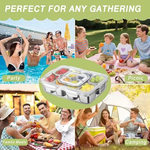 Snackle Box Container, Stainless Steel Divided Serving Tray with Lid and Handle, Large Snack Tray for Fruit Veggie Candy, 8-Compartment Snack Platter for Travel Party Beach Picnic in Saudi Arabia