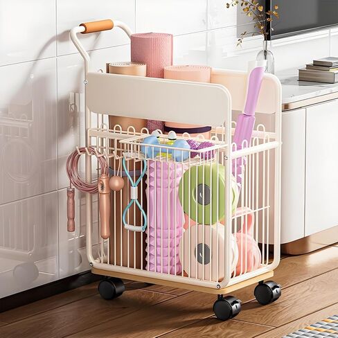 Yoga Mat Storage Rack with Wheels, Home Gym Organizer for Yoga Mats Foam Rollers Dumbbells Towels, Metal Rolling Workout Equipment Storage Rack with Handles and Basket (White, 20×11×24 in) in Saudi Arabia