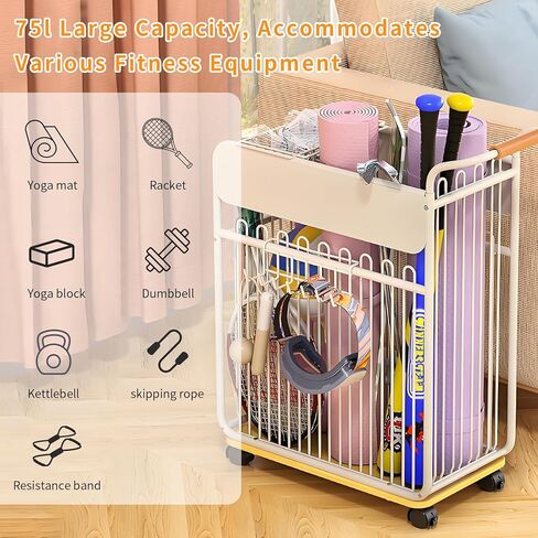 Yoga Mat Storage Rack with Wheels, Home Gym Organizer for Yoga Mats Foam Rollers Dumbbells Towels, Metal Rolling Workout Equipment Storage Rack with Handles and Basket (White, 20×11×24 in) in Saudi Arabia
