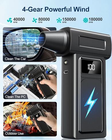 منفضة هواء كهربائية مضغوطة ومكنسة كهربائية محمولة للسيارة 2 في 1 بطارية 10000 مللي أمبير في الساعة 180000 دورة في الدقيقة منفاخ هواء قابل للشحن بأربع سرعات لتنظيف السيارة والمنزل ولوحة المفاتيح والكمبيوتر الشخصي وإضاءة LED in Kuwait