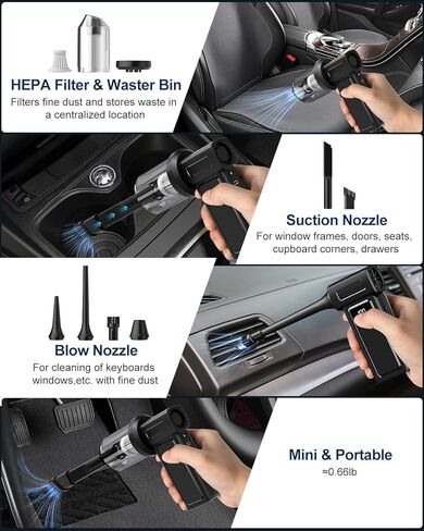 منفضة هواء كهربائية مضغوطة ومكنسة كهربائية محمولة للسيارة 2 في 1 بطارية 10000 مللي أمبير في الساعة 180000 دورة في الدقيقة منفاخ هواء قابل للشحن بأربع سرعات لتنظيف السيارة والمنزل ولوحة المفاتيح والكمبيوتر الشخصي وإضاءة LED in Kuwait