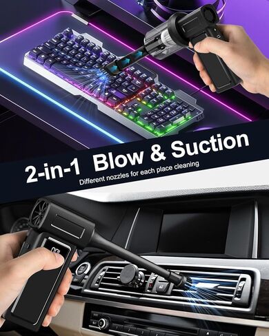 منفضة هواء كهربائية مضغوطة ومكنسة كهربائية محمولة للسيارة 2 في 1 بطارية 10000 مللي أمبير في الساعة 180000 دورة في الدقيقة منفاخ هواء قابل للشحن بأربع سرعات لتنظيف السيارة والمنزل ولوحة المفاتيح والكمبيوتر الشخصي وإضاءة LED in Kuwait