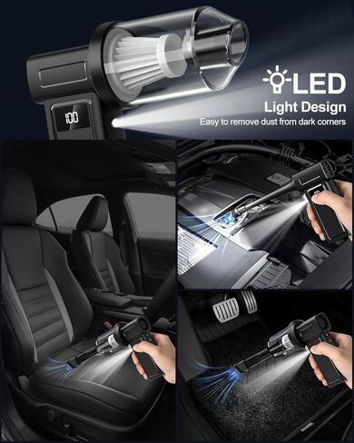 منفضة هواء كهربائية مضغوطة ومكنسة كهربائية محمولة للسيارة 2 في 1 بطارية 10000 مللي أمبير في الساعة 180000 دورة في الدقيقة منفاخ هواء قابل للشحن بأربع سرعات لتنظيف السيارة والمنزل ولوحة المفاتيح والكمبيوتر الشخصي وإضاءة LED in Kuwait