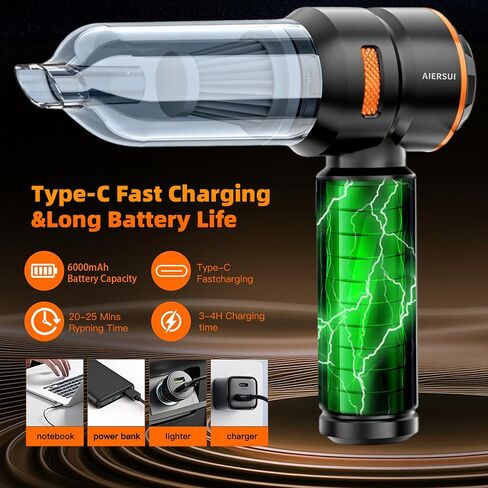 Super-Powered car mini Vacuum Cleaner 80,000RPM, Four-in-one: Blower, Vacuum Cleaner, air Extractor, and Pump. Handheld dust Collector, Handheld dust Blower, Hair Dryer, Cordless (Orange) in Saudi Arabia