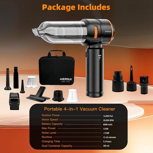 Super-Powered car mini Vacuum Cleaner 80,000RPM, Four-in-one: Blower, Vacuum Cleaner, air Extractor, and Pump. Handheld dust Collector, Handheld dust Blower, Hair Dryer, Cordless (Orange) in Saudi Arabia