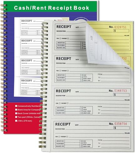 كتاب إيصالات الأموال والإيجار مكون من جزءين خالي من الكربون مقاس 7-5/8 بوصة × 11 بوصة غلاف حلزوني 200 مجموعة لكل كتاب 4 إيصالات لكل صفحة (2) in Kuwait