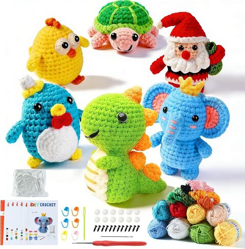 طقم كروشيه LIVIKEY مكون من 6 قطع للمبتدئين - مجموعة كروشيه كاملة للبالغين والأطفال - طقم كروشيه على شكل حيوانات على طراز Woobles مع غزل ناعم ودروس فيديو خطوة بخطوة in Kuwait
