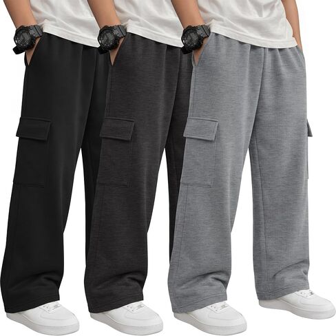 3 Pack Boys' Sweatpants Wide Leg Baggy Cargo Pants with 4 Pockets Kids Elastic Waist Straight Loose Joggers(Black, Dark Heather Gray, Light Heather Gray,Medium) in Saudi Arabia