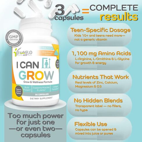 I Can Grow Day-Time for Kids 10+ & Teens | Growth & Development Support with L-Arginine, Colostrum, Calcium, D3, Magnesium, Zinc | Bone Strength, Focus | 90 Capsules in Saudi Arabia