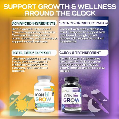 I Can Grow Day-Time for Kids 10+ & Teens | Growth & Development Support with L-Arginine, Colostrum, Calcium, D3, Magnesium, Zinc | Bone Strength, Focus | 90 Capsules in Saudi Arabia