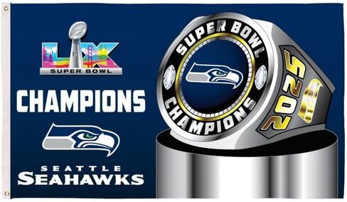 NFL Seattle Seahawks 2026 Super Bowl LX Championship، 3 × 5 علم متين في الهواء الطلق مع الحلقات، علم شديد التحمل وراية لتزيين فناء الحديقة في الهواء الطلق، ديكور جدار داخلي للغرفة، يعمل مع أقطاب العلم للمنزل الخارجي in Saudi Arabia