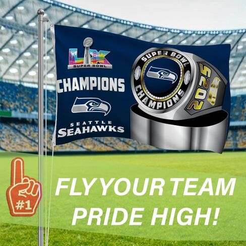 NFL Seattle Seahawks 2026 Super Bowl LX Championship، 3 × 5 علم متين في الهواء الطلق مع الحلقات، علم شديد التحمل وراية لتزيين فناء الحديقة في الهواء الطلق، ديكور جدار داخلي للغرفة، يعمل مع أقطاب العلم للمنزل الخارجي in Saudi Arabia