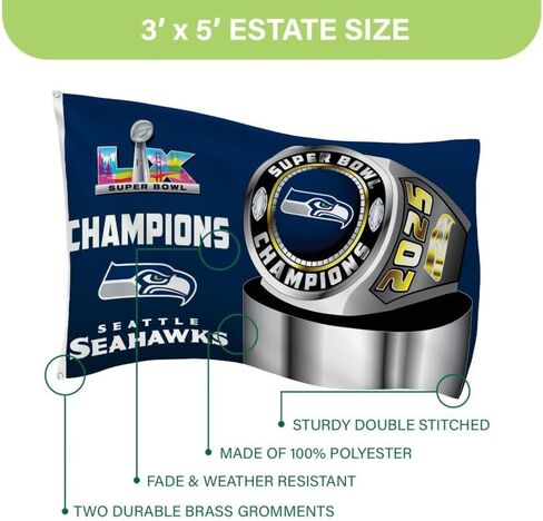 NFL Seattle Seahawks 2026 Super Bowl LX Championship، 3 × 5 علم متين في الهواء الطلق مع الحلقات، علم شديد التحمل وراية لتزيين فناء الحديقة في الهواء الطلق، ديكور جدار داخلي للغرفة، يعمل مع أقطاب العلم للمنزل الخارجي in Saudi Arabia