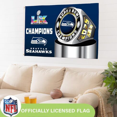 NFL Seattle Seahawks 2026 Super Bowl LX Championship، 3 × 5 علم متين في الهواء الطلق مع الحلقات، علم شديد التحمل وراية لتزيين فناء الحديقة في الهواء الطلق، ديكور جدار داخلي للغرفة، يعمل مع أقطاب العلم للمنزل الخارجي in Saudi Arabia