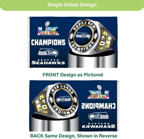 NFL Seattle Seahawks 2026 Super Bowl LX Championship، 3 × 5 علم متين في الهواء الطلق مع الحلقات، علم شديد التحمل وراية لتزيين فناء الحديقة في الهواء الطلق، ديكور جدار داخلي للغرفة، يعمل مع أقطاب العلم للمنزل الخارجي in Saudi Arabia