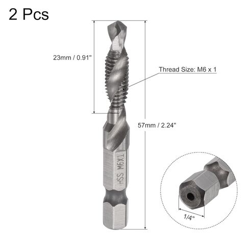 Combination Drill and Tap Bit, 1/4" Hex Shank M6 x 1 Metric Uncoated High Speed Steel 4341 Spiral Flute Drilling Tapping Tool 2pcs in Saudi Arabia