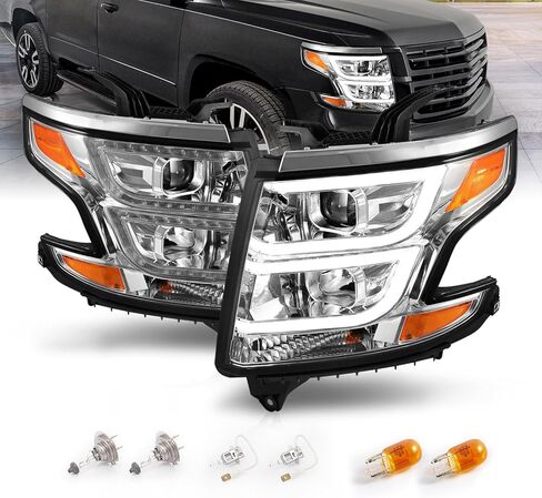 AmeriLite for 2015-2020 Chevy Tahoe Suburban Dual Crystal LED DRL Projector Black Replacement Headlights Set + Bulbs - Passenger and Driver Side in Saudi Arabia