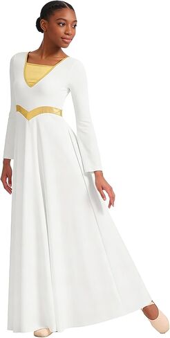 Metallic Praise Dance Dress for Women Liturgical Dancewear Bell Long Sleeve Church Worship Robe in Saudi Arabia