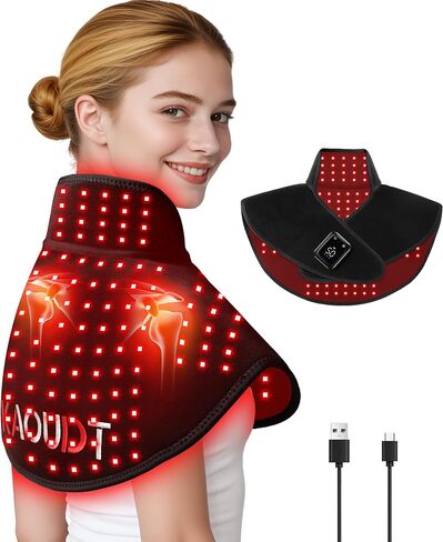 العلاج بالضوء الأحمر اللاسلكي للرقبة والكتف، 5000 مللي أمبير قابلة لإعادة الشحن 148 مصباح LED 660 نانومتر و850 نانومتر بالقرب من العلاج بالأشعة تحت الحمراء لتخفيف آلام الكتف والرقبة والظهر (أسود) in Kuwait