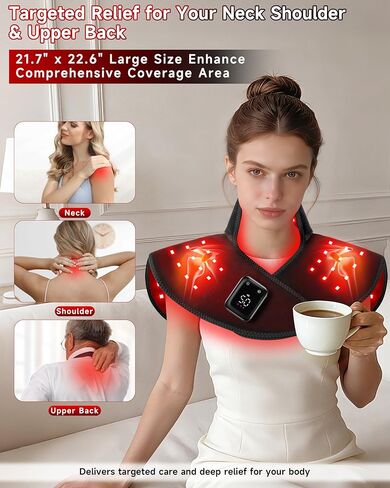 العلاج بالضوء الأحمر اللاسلكي للرقبة والكتف، 5000 مللي أمبير قابلة لإعادة الشحن 148 مصباح LED 660 نانومتر و850 نانومتر بالقرب من العلاج بالأشعة تحت الحمراء لتخفيف آلام الكتف والرقبة والظهر (أسود) in Kuwait