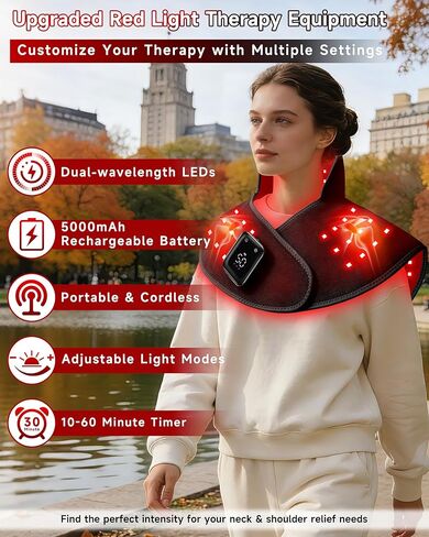 العلاج بالضوء الأحمر اللاسلكي للرقبة والكتف، 5000 مللي أمبير قابلة لإعادة الشحن 148 مصباح LED 660 نانومتر و850 نانومتر بالقرب من العلاج بالأشعة تحت الحمراء لتخفيف آلام الكتف والرقبة والظهر (أسود) in Kuwait
