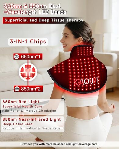 العلاج بالضوء الأحمر اللاسلكي للرقبة والكتف، 5000 مللي أمبير قابلة لإعادة الشحن 148 مصباح LED 660 نانومتر و850 نانومتر بالقرب من العلاج بالأشعة تحت الحمراء لتخفيف آلام الكتف والرقبة والظهر (أسود) in Kuwait