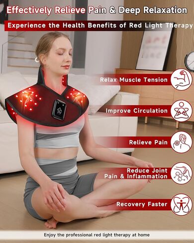 العلاج بالضوء الأحمر اللاسلكي للرقبة والكتف، 5000 مللي أمبير قابلة لإعادة الشحن 148 مصباح LED 660 نانومتر و850 نانومتر بالقرب من العلاج بالأشعة تحت الحمراء لتخفيف آلام الكتف والرقبة والظهر (أسود) in Kuwait