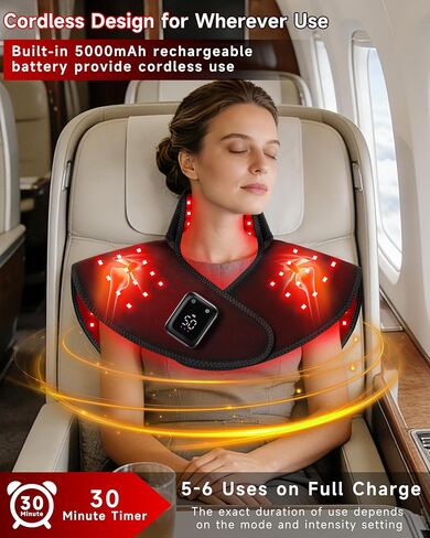 العلاج بالضوء الأحمر اللاسلكي للرقبة والكتف، 5000 مللي أمبير قابلة لإعادة الشحن 148 مصباح LED 660 نانومتر و850 نانومتر بالقرب من العلاج بالأشعة تحت الحمراء لتخفيف آلام الكتف والرقبة والظهر (أسود) in Kuwait