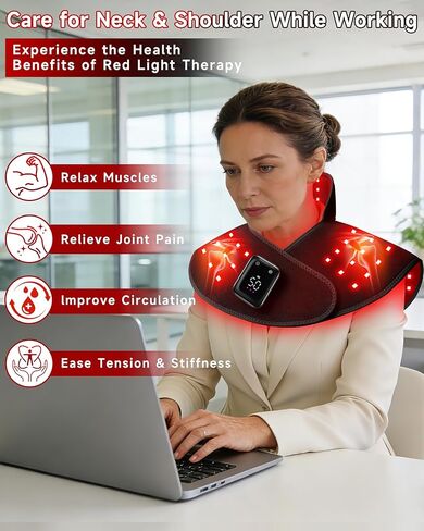 العلاج بالضوء الأحمر اللاسلكي للرقبة والكتف، 5000 مللي أمبير قابلة لإعادة الشحن 148 مصباح LED 660 نانومتر و850 نانومتر بالقرب من العلاج بالأشعة تحت الحمراء لتخفيف آلام الكتف والرقبة والظهر (أسود) in Kuwait