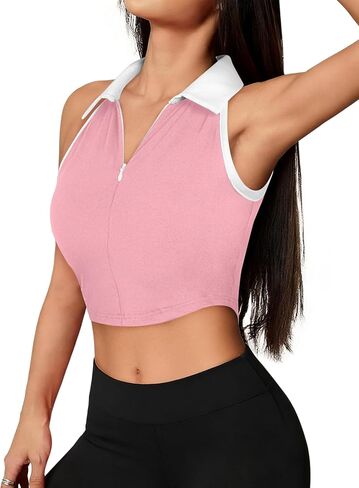 Remidoo Women's Polo Crop Tank Top Sleeveless Half Zip Collared Athletic Tennis Shirt in Saudi Arabia