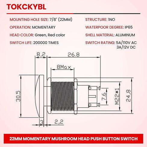 22mm Mushroom Head Momentary Push Button Switch, IP65 Waterproof 5A 12V/24V/36V DC 110V/250V AC, Screw Terminal SPST 1NO (Green) in Saudi Arabia