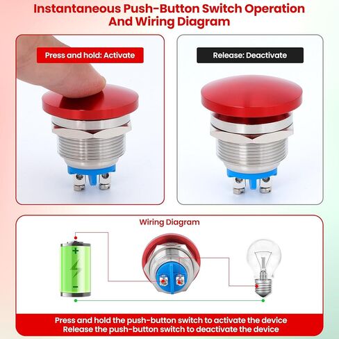 22mm Mushroom Head Momentary Push Button Switch, IP65 Waterproof 5A 12V/24V/36V DC 110V/250V AC, Screw Terminal SPST 1NO (Green) in Saudi Arabia