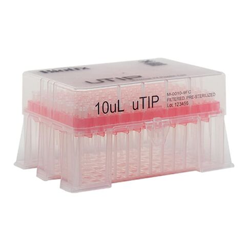 أطراف ماصات فلتر uTIP M-0010-9FC، ملائمة عالمية، منخفضة الاحتفاظ، راتنج X، مفلترة، معقمة مسبقًا، 10 ميكرولتر (عبوة من 960 قطعة) in Kuwait