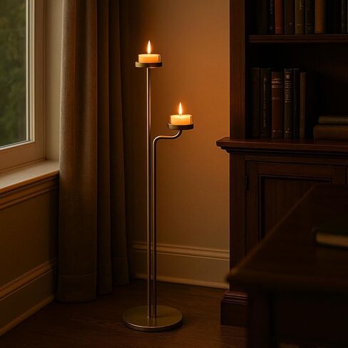 Smtyle شمعدان أرضي حديث طويل، حامل شموع خفيف للمنزل وغرفة المعيشة والحفلات والمناسبات، الحد الأدنى من المعدن الأسود ثنائي الذراع in Kuwait