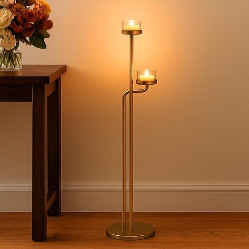 Smtyle شمعدان أرضي حديث طويل، حامل شموع خفيف للمنزل وغرفة المعيشة والحفلات والمناسبات، الحد الأدنى من المعدن الأسود ثنائي الذراع in Kuwait