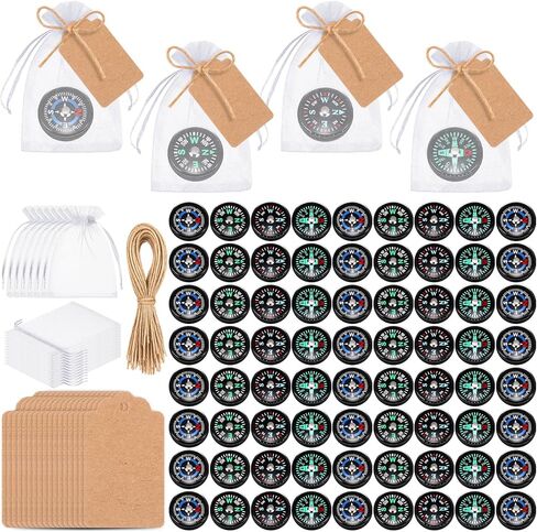 Relaxweex 100 Pcs Mini Survival Compass Gifts Bulk Include 20mm Mini Survival Compass, Kraft Tags, Organza Bag Outdoor Adventure Gifts for Camping Hiking Boating Touring Outdoor Activities, 4 Styles in Saudi Arabia