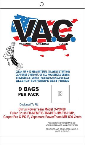 VAC 35 Cirrus Power Team Model C-VC439، فرشاة Fuller FB-NFM/FB-TNM/FB-HM/FB-HMP، Carpet Pro C-PC-P، Vapamore Power Team MR-500 Vento - H-10 HEPA Filtration (عبوة من 9) in Kuwait