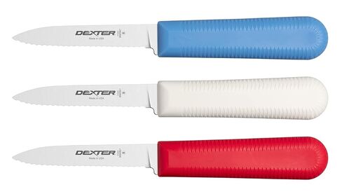 مجموعة سكاكين التقشير Dexter Russell S104SC-3RWC Sani-Safe 15423، حافة صدفية 3-1/4 بوصة DEXSTEEL شفرة فولاذية عالية الكربون خالية من البقع، مقابض بولي بروبيلين حمراء وبيضاء وزرقاء غير قابلة للانزلاق، 3 عبوات، صنع في الولايات المتحدة الأمريكية in Saudi Arabia