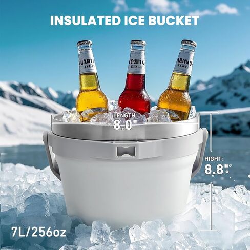 COKTIK 7L Vacuum Insulated Ice Bucket with Lid and Scoop& Tongs，Large capacity Stainless Steel Beverage Bucket for Cocktail, Champagne, Wine, Beer，Large Parties（Milk White Suit） in Saudi Arabia